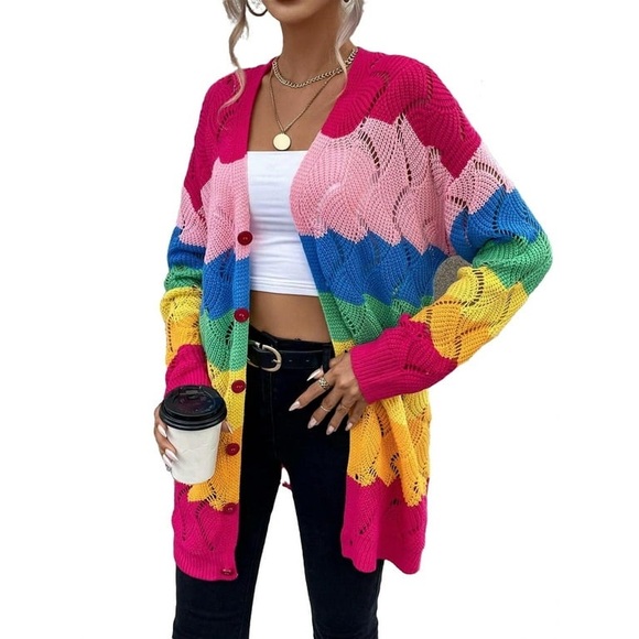 Casual Rainbow Stripe V neck Long Sleeve Multicolor Women Cardigans (Women's) - Picture 4 of 6